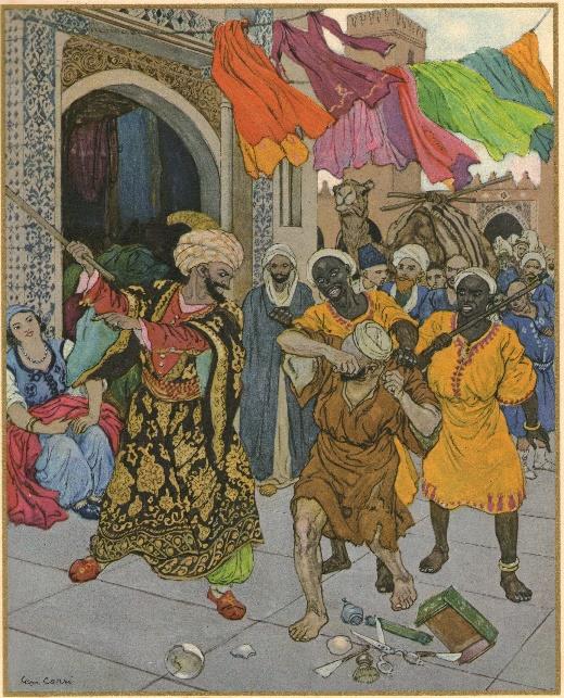 Illustration de l’histoire d'Aboukir et Abousir dans les Mille et une nuits, par Léon Carré, 1929