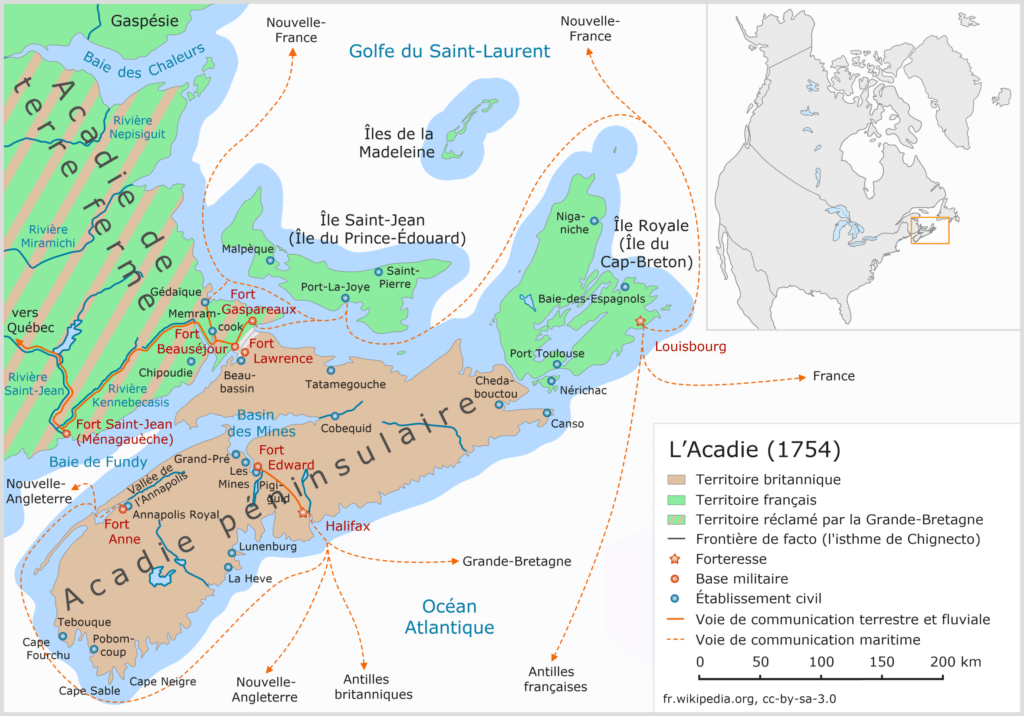 L’Acadie du 18ème siècle – Les populations se trouvent surtout autour de Fort Anne, Beaubassin et Les Mines – Crédit