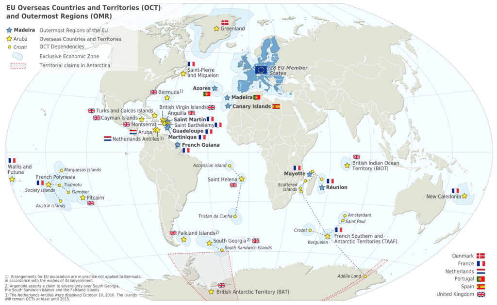 Carte de l'UE - Pays et territoires d'outre-mer (PTOM) et régions ultrapériphériques (OMR) © Alexrk2
