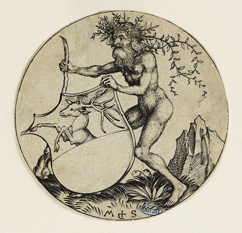 Martin Schongauer, Homme sauvage tenant un écu à la tête de cerf, v. 1485-1491, gravure, Paris, Petit Palais, Musée des Beaux-Arts de la ville de Paris