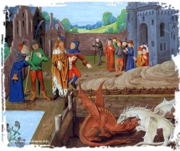 Combat entre les dragons rouge et blanc (https://luniversdulfin.over-blog.com/2014/11/le-dragon-rouge.html)