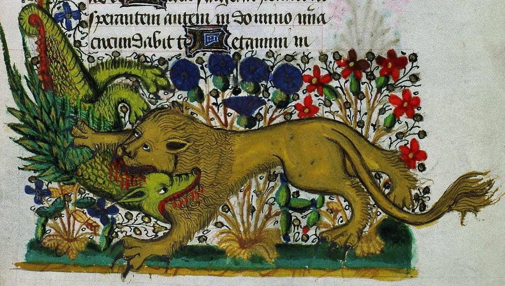 © Bibliothèque des Champs libres, Lutte d'un lion et d'un dragon, Extrait enluminé du Livre d’heures de jean de Montuban