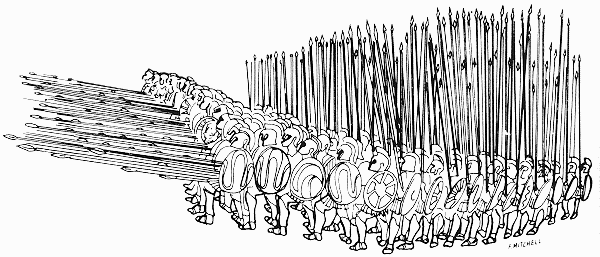 Phalange macédonienne (Source : Depiction of a Macedonian phalanx: this graphic was first published in May, Elmer; Stadler, Gerald; Votaw, John; Griess, Thomas (series ed) (1984) Ancient and Medieval Warfare: The History of the Strategies, Tactics, and Leadership of Classical Warfare, New Jersey, United States : Avery Publishing Group )
ISBN : 
0-89529-262-9.