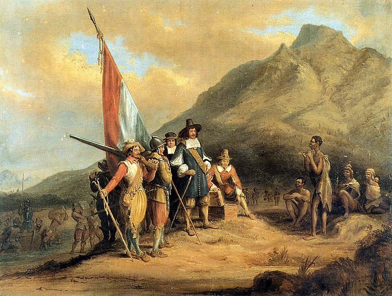 Landing of van Riebeeck at the Cape of Good Hope, 1652, de Charles Davidson Bell (1850) / tableau représentant la fondation de la première colonie européenne en Afrique du Sud 