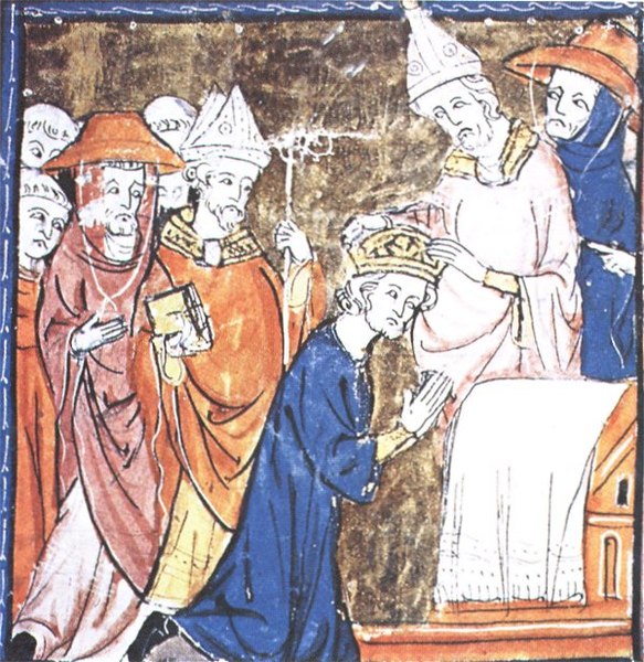 Sacre de Charlemagne lors de la messe de Noël de l'an 800, manuscrit du XIVème siècle