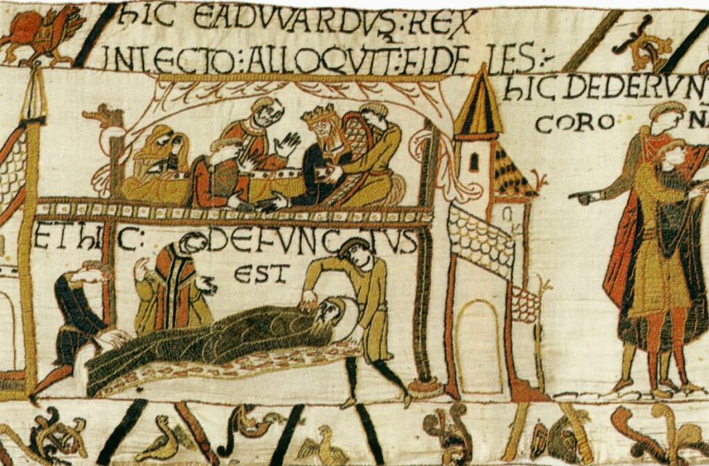 La mort d'Edouard le Confesseur le 5 janvier 1066, tapisserie de Bayeux 1077