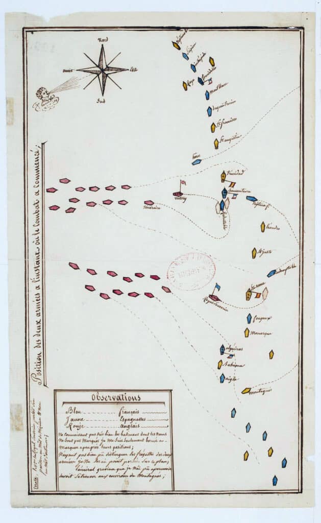Plan de la bataille de Trafalgar datant du 2 janvier 1806 et envoyé au ministre de la Marine Et des colonies. Cote : AE/III/230. Date du document : 2 janvier 1806. Papier.   32,5 x 20 cm