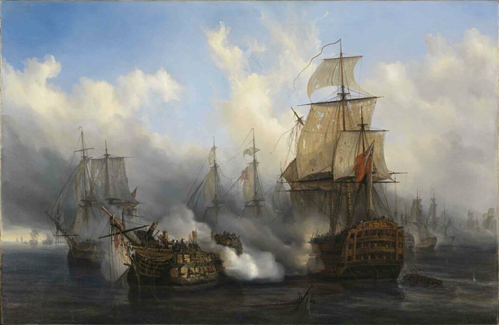 Tableau d'Auguste Mayer, le bucentaure, un vaisseau-amiral Français mis hors de combat par le HMS Victory