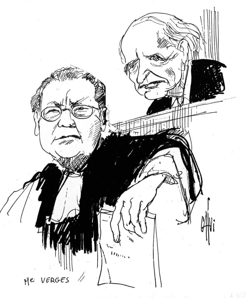 Klaus Barbie et son avocat Jacques Vergès lors de son procès par Calvi, Wikimedia Commons