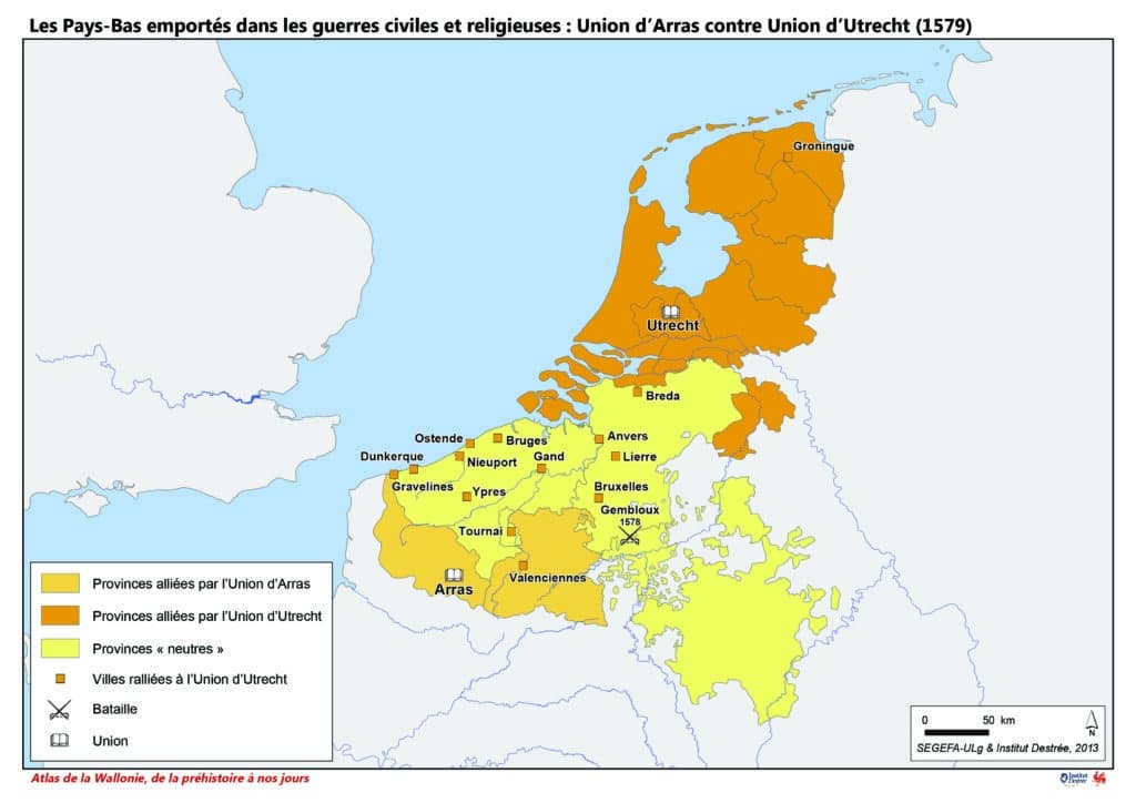 Carte de la répartition géographique des 17 provinces des Pays Bas espagnols lors de l'union d'Arras