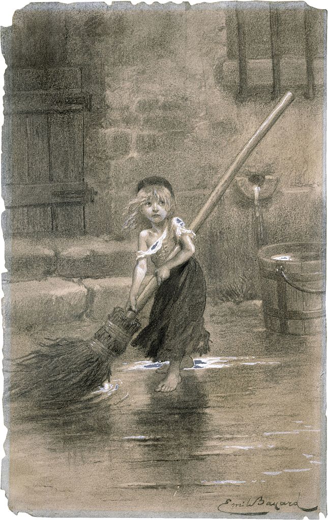 Cosette balayant, dessin, par Emile Bayard, 1862