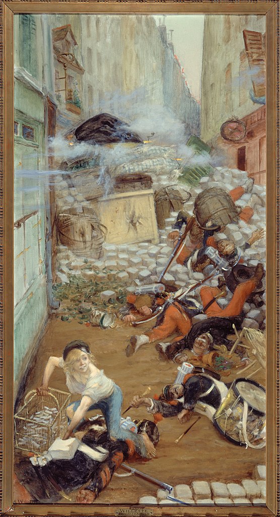 Gavroche ramassant des balles pour la barricade, huile sur toile, par Adolphe Léon Willette