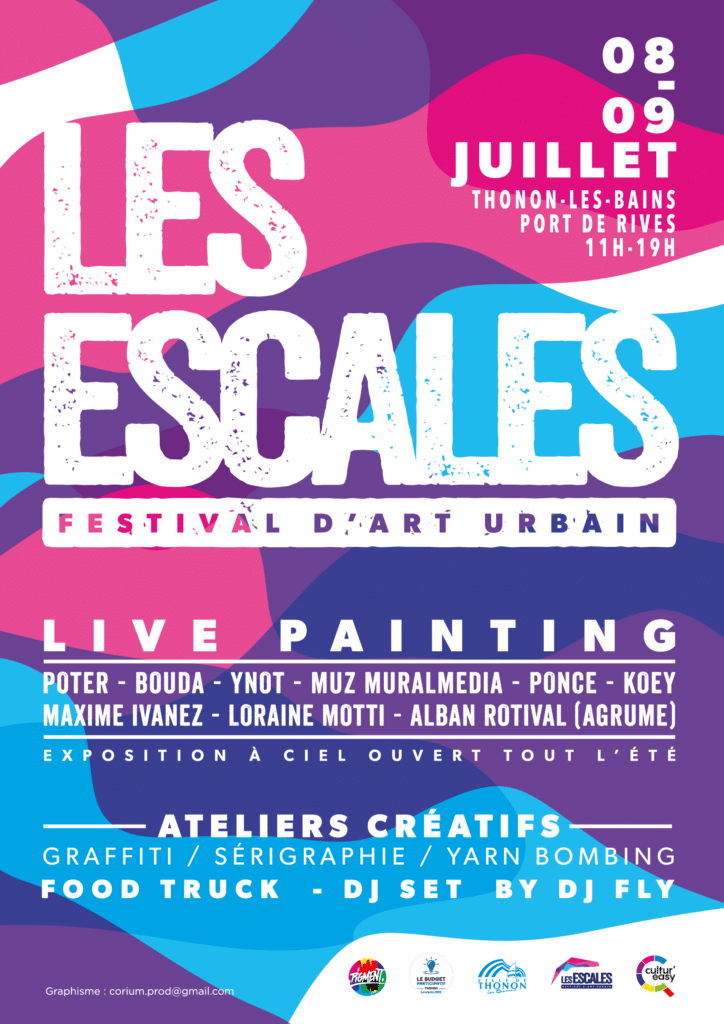 Affiche du festival d'art urbain "Les Escales" à Thonon-les-Bains les 8 et 9 juillet 2023