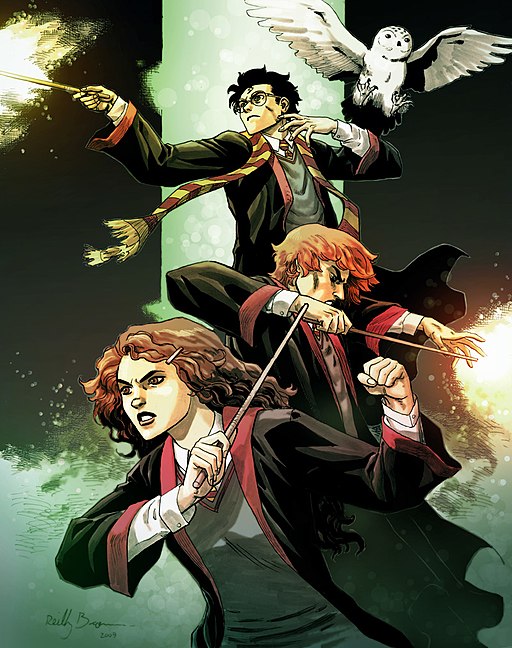 Illustration représentant les personnages emblématiques de la saga Harry Potter : Hermione, Ron et Harry