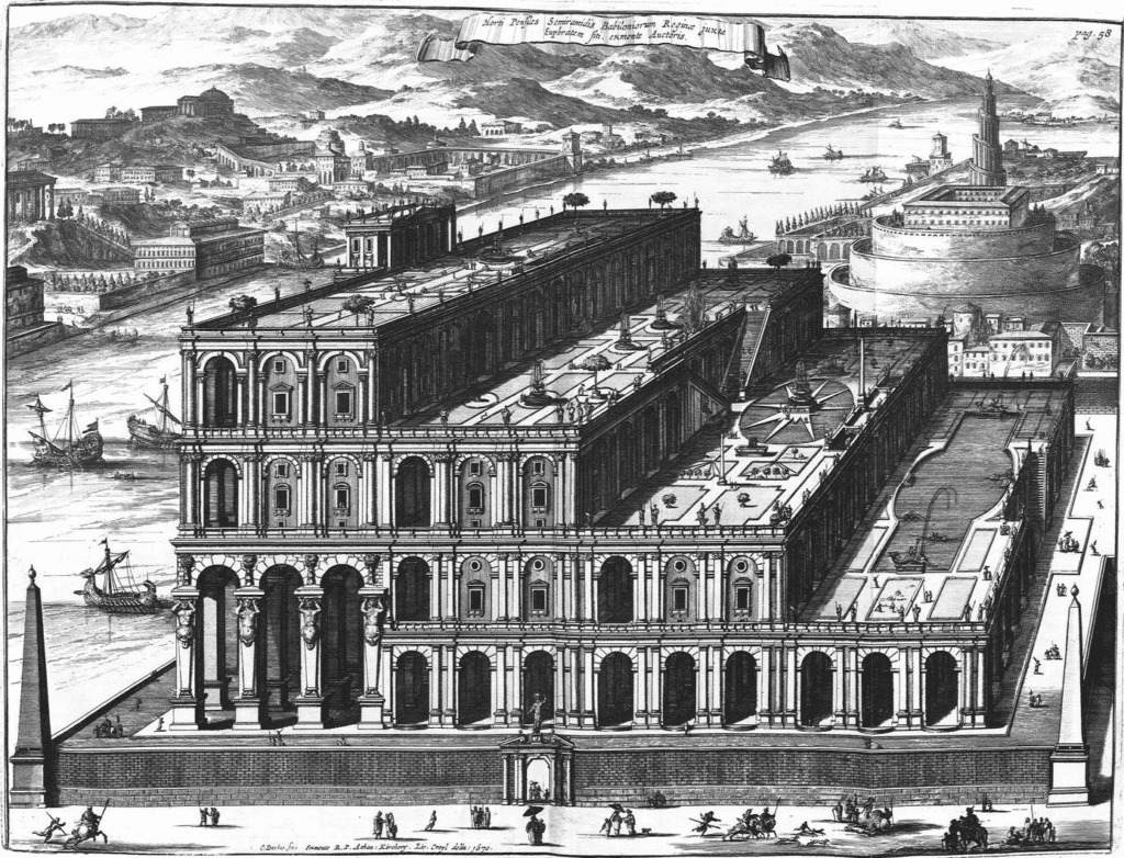 Représentation des jardins suspendus de Babylone, d’après le livre d’Athanasius Kircher Turris Babel — Wikimedia Commons
