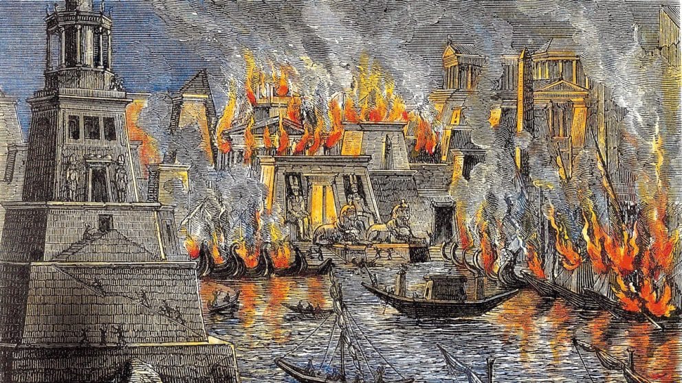 Gravure de 1876, montrant l’incendie de la bibliothèque d’Alexandrie.
