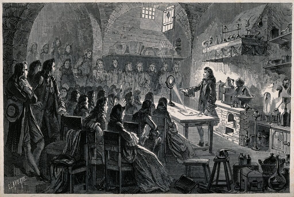 Sir Isaac Newton (?) showing an optical experiment to an audience in his laboratory. Wood engraving by Martin after C. Laverie. By: C. Laverieafter: MartinPublished:  -  Copyrighted work available under Creative Commons Attribution only licence CC BY 4.0 http://creativecommons.org/licenses/by/4.0/