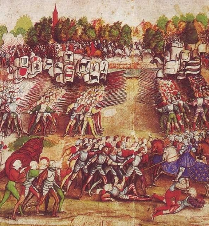 Peinture de 1550 représentant la bataille avec les armoiries des forces en présence, Picryl