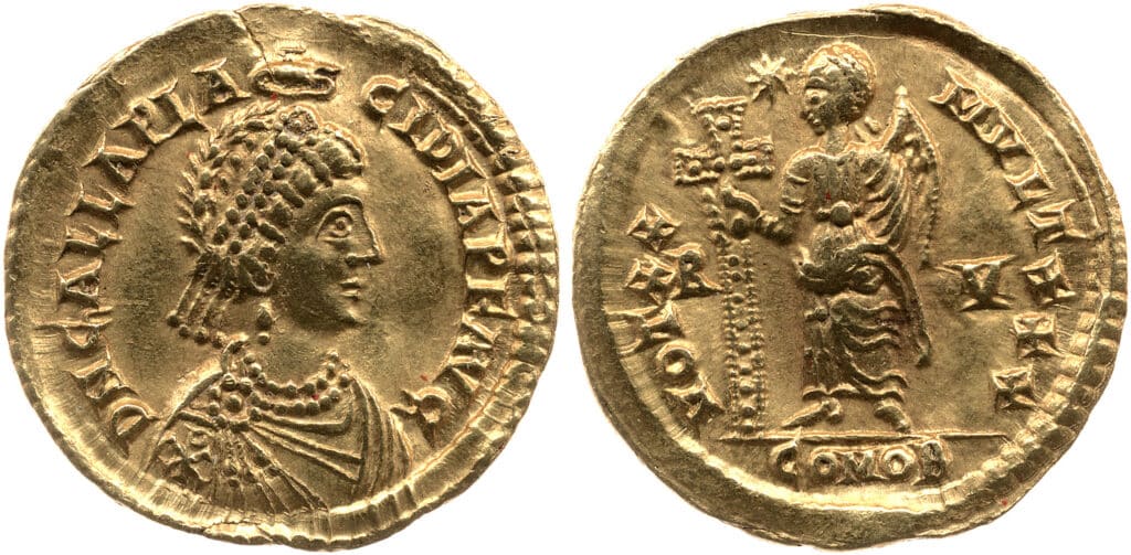 Pièce de monnaie de l’Empire romain d’Orient à l’effigie de Galla Placiia, Worldhistory.org