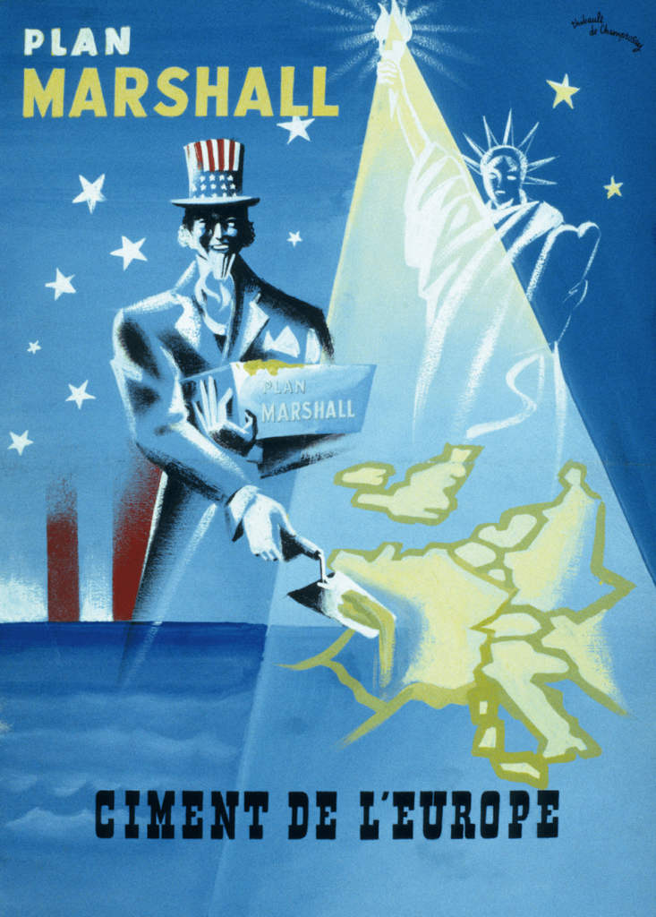 Affiche présentant l’aide financière américaine du Plan Marshall comme étant le « ciment de l’Europe ». © Thibault de Champrosay, 1947