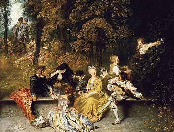 Le rococo, style faste et révélateur de noblesse - Réunion en plein air, Watteau, 1719 – Wikimédia Commons