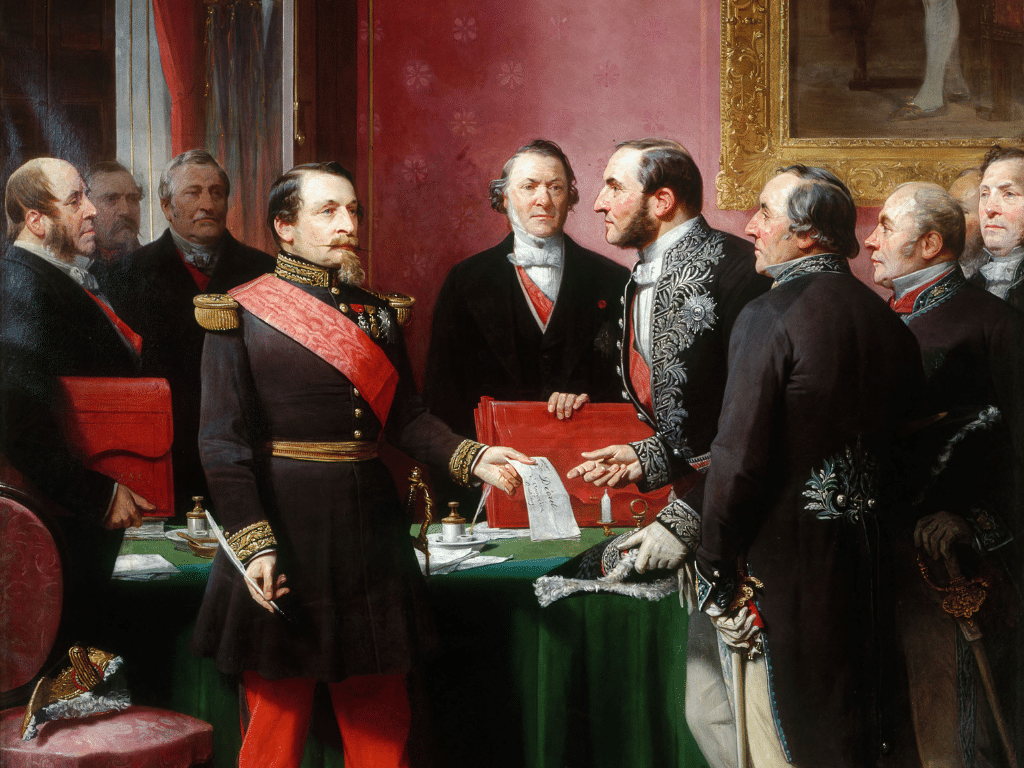 Napoléon III remettant au baron Haussmann le décret d’annexion à Paris des communes suburbaines par Adolphe Yvon, 1860