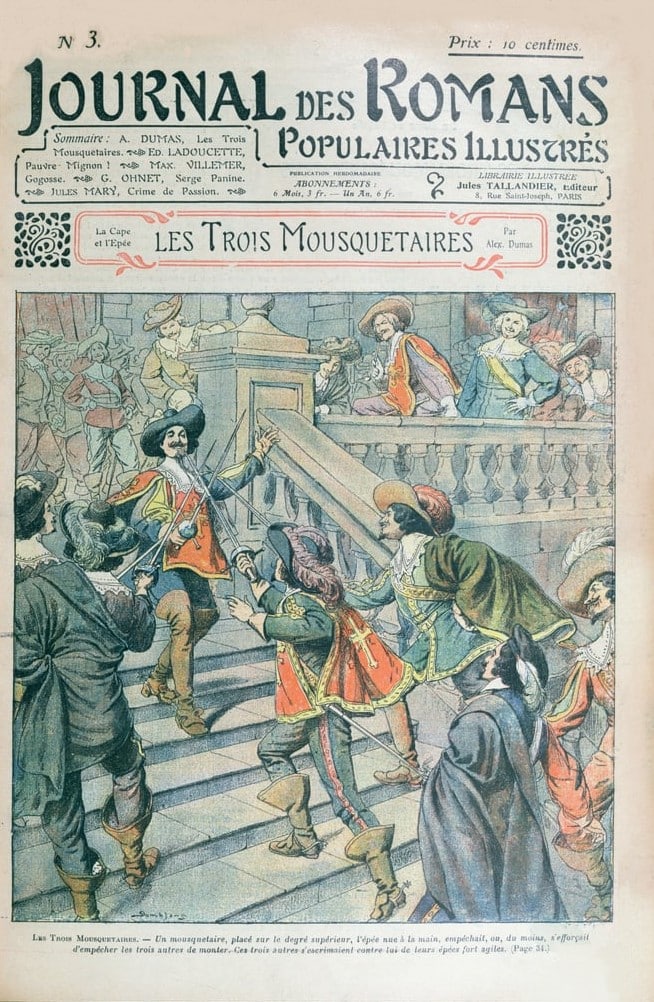 Illustration d'Eugène Damblans pour Les Trois Mousquetaires d'Alexandre Dumas, roman publié en feuilleton dans le Journal des romans populaires illustrés, n° 3 